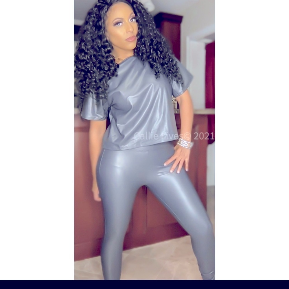 HostPick! Miz Holiday Vegan Charcoal Leather Crop Top & Legging Sets - Picture 4 of 9
